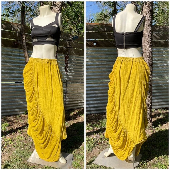 Cynthia Ashby Dresses & Skirts - Rare Cynthia Ashby 100% Linen Chartreuse Ruched Cocoon Boho Skirt Large